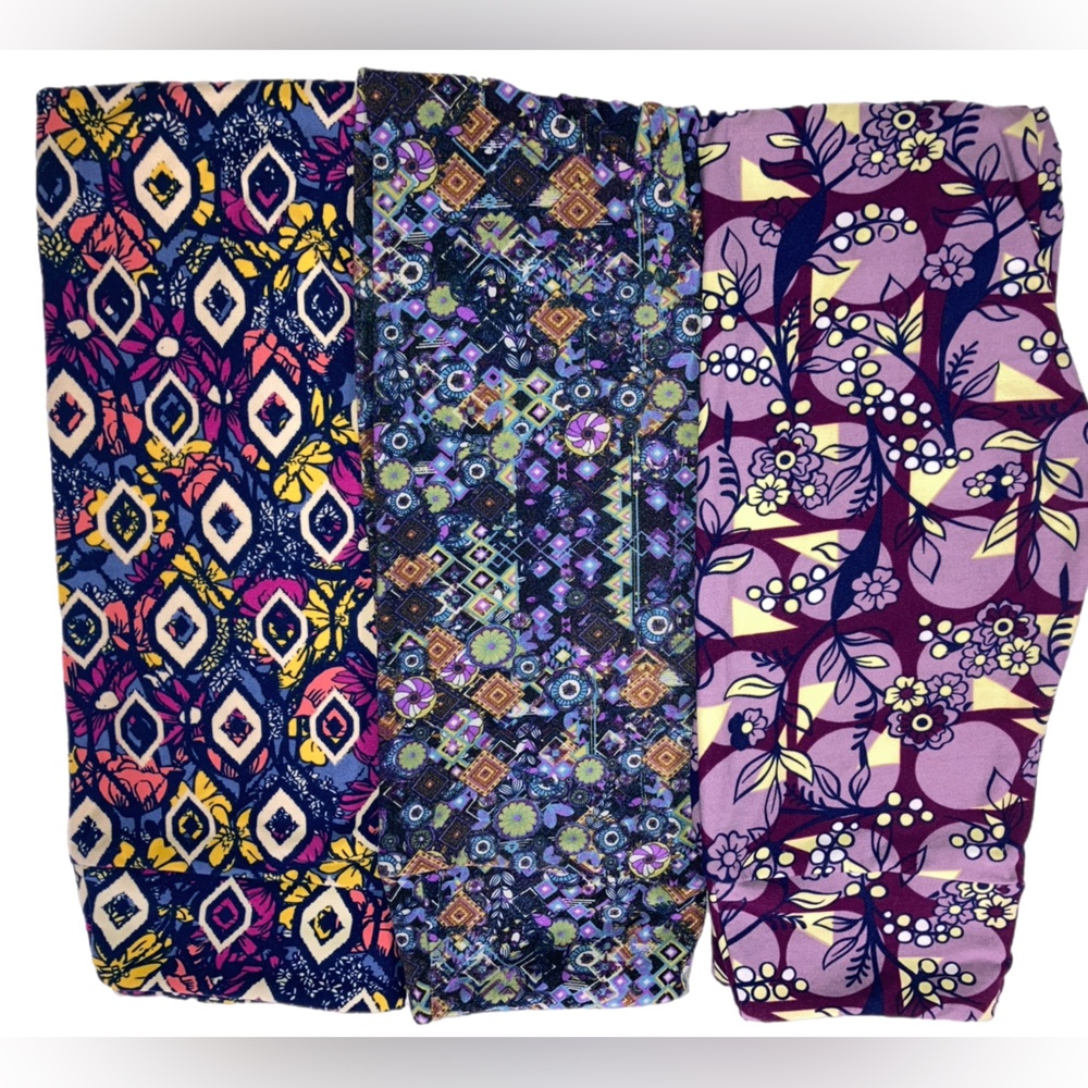THREE PAIRS! of LULAROE OS Leggings in great purple graphic patterns P5095